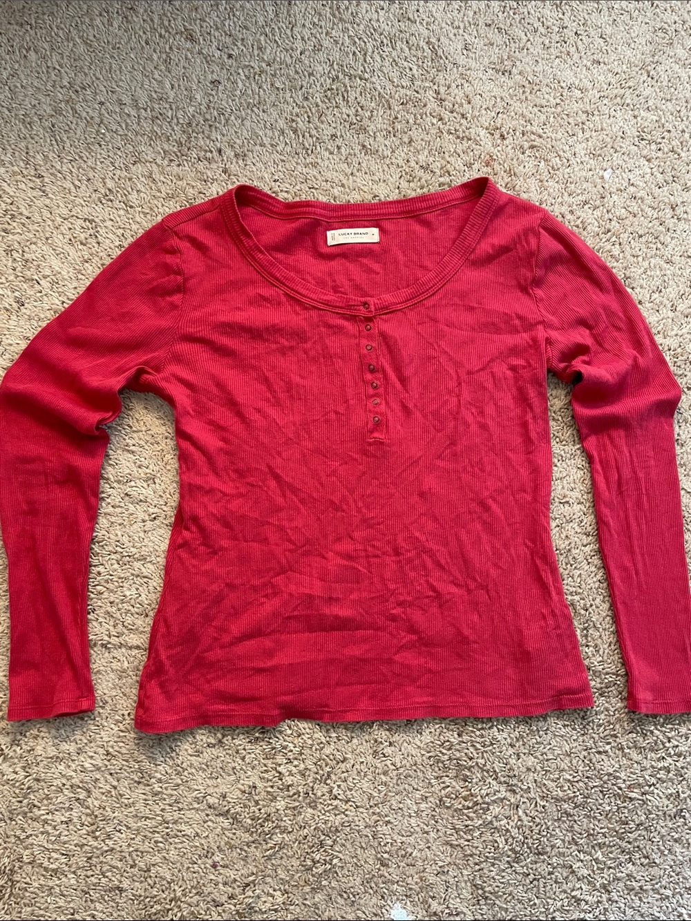 Lucky Brand Long-Sleeve Ribbed Snap Henley Top in Crimson Red!
